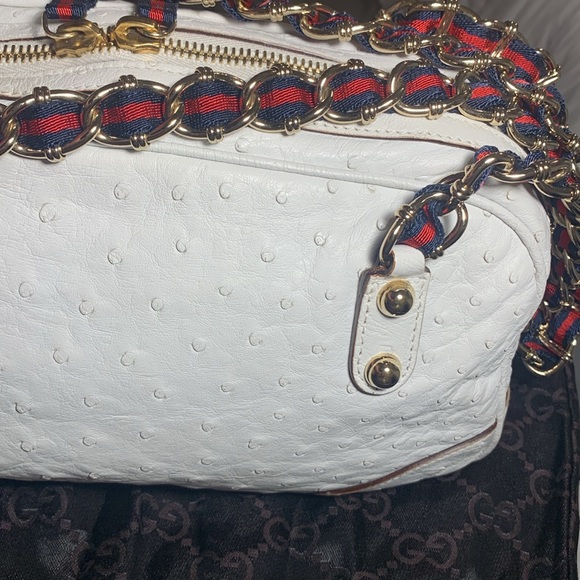 Gucci White Ostrich Leather Capri Bowler Handbag Signature Stripe Gold Hardware - Picture 10 of 16
